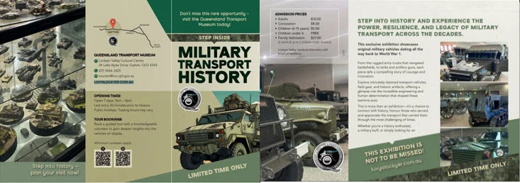 Queensland Transport Museum -  Military Transport History - Gatton The Queensland Transport Museum (QTM) features a magnificent display of military transport dating back to World War 1. The museum allows attendees to step back in time and explore the power, resilience and legacy of these vehicles and gain a deeper appreciation of the role of transportation through the world’s most challenging times. Visit their website:  https://www.luvyalockyer.com.au/queensland-transport-museum